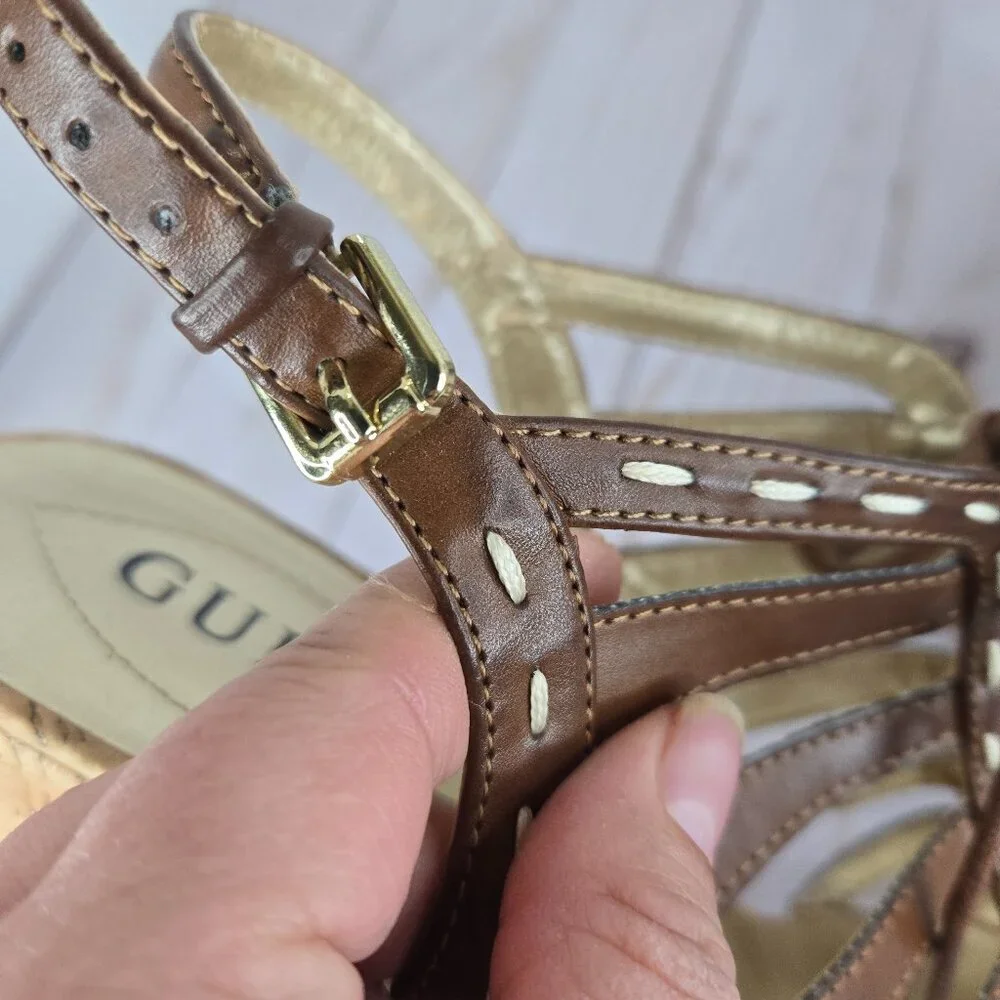 GUESS Gladiator Wedge Sandals Brown Leather Cork Women’s Size 9
